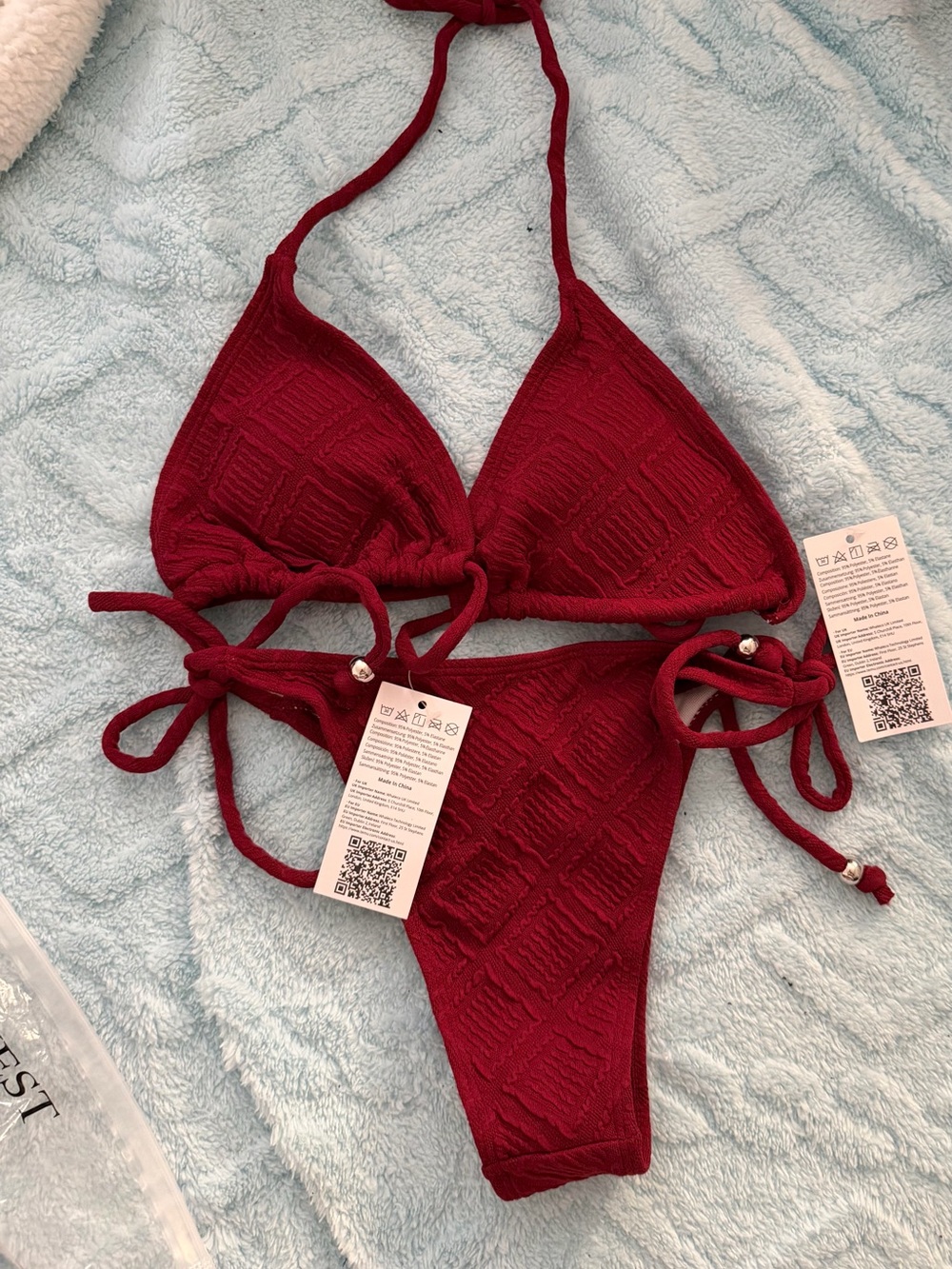 Textured Burgundy Triangle Tie Bikini Set